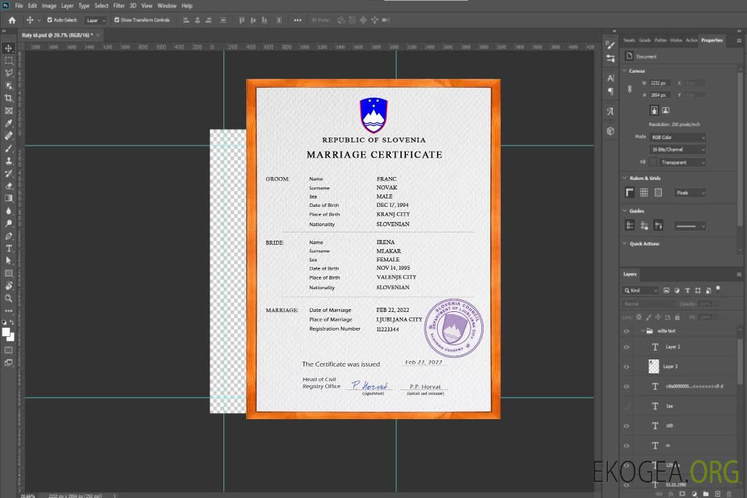 Modèle PSD de certificat de mariage de Slovénie template